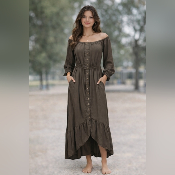 indigo Rose Dresses & Skirts - Chic Long Sleeve Button-Front Dress in Olive